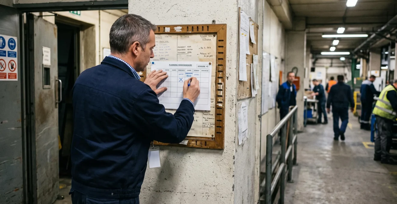 Un responsable planifie des réunions sécurité régulières sur un tableau mural d'usine.